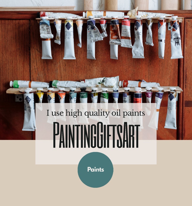 May include: A close-up of a wall with two rows of tubes of oil paint. The tubes are arranged in a rack and are labeled with different colors. The text "I use high quality oil paints PAINTINGGIFTSART" is visible below the tubes. The text "Paints" is in a circle below the text.