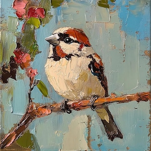 Sparrow Painting Bird Original Art Sparrow On Branch Oil Painting Animal Small Artwork