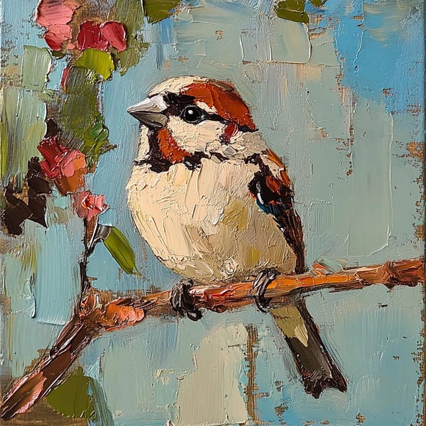 Sparrow Painting Bird Original Art Sparrow On Branch Oil Painting Animal Small Artwork
