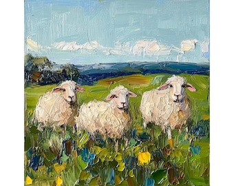 Sheep Grazing Painting Irish Sheep Original Art Ireland Landscape Oil Painting Countryside Artwork Farm Animal Impasto Painting