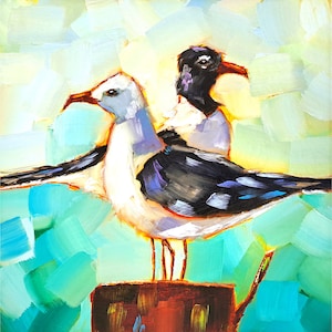 Seagull Painting Gulls Original Art Bird Oil Painting Animal Artwork 10x10 inches by PaintingGiftsArt