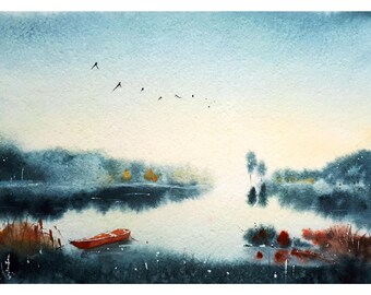 Michigan Painting Great Lakes Original Art Boat Watercolor Foggy Forest Wall Art Landscape Artwork 8x10"