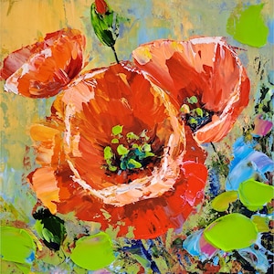 Poppy Oil Painting Floral Original Art Poppies Impasto Painting Meadow Flowers Artwork