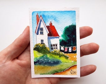 Red Roof Cottage Painting ACEO Original Art Watercolor Laundry Day Small Artwork 2.5 by 3.5" by PaintingGiftsArt