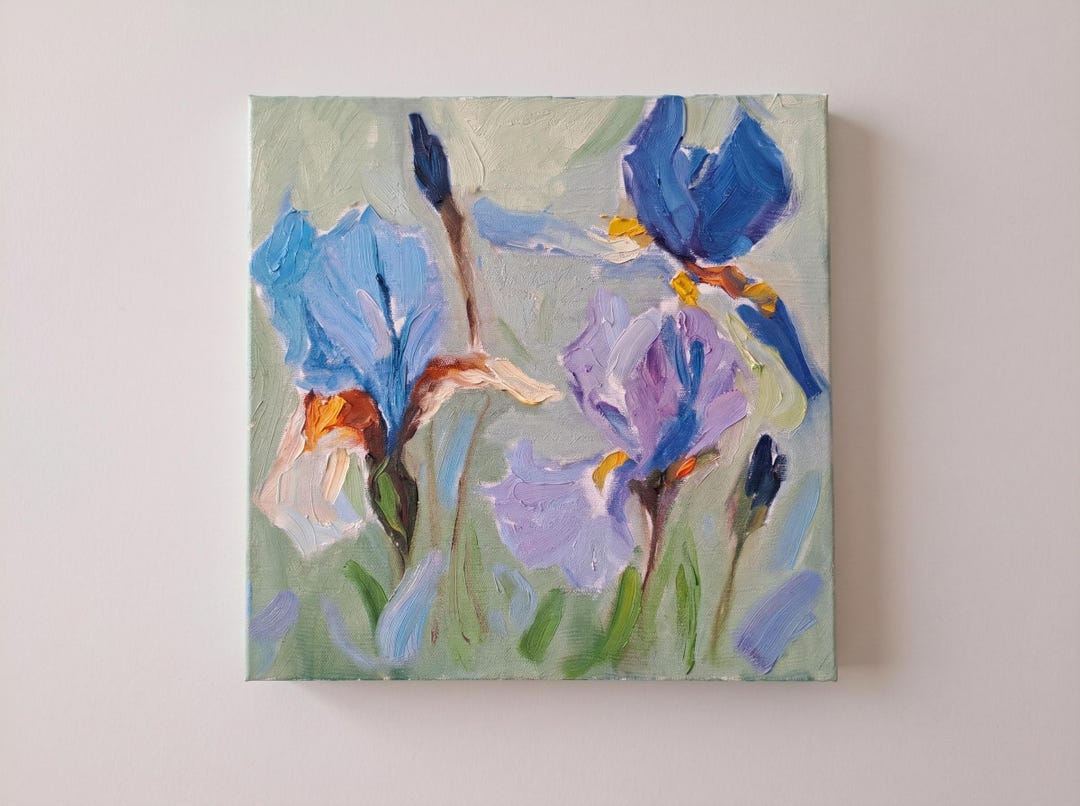 Iris Flowers Original Impasto Oil Painting Blue Purple Floral Art on ...