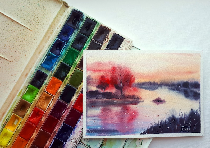 Vermont Painting Original Art West River Watercolor Fog Trees Wall Art Landscape Artwork 6x8 by PaintingGiftsArt