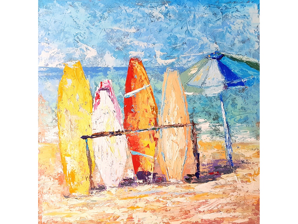 Surfboard Painting Surf Original Art Malibu Beach Umbrella Etsy