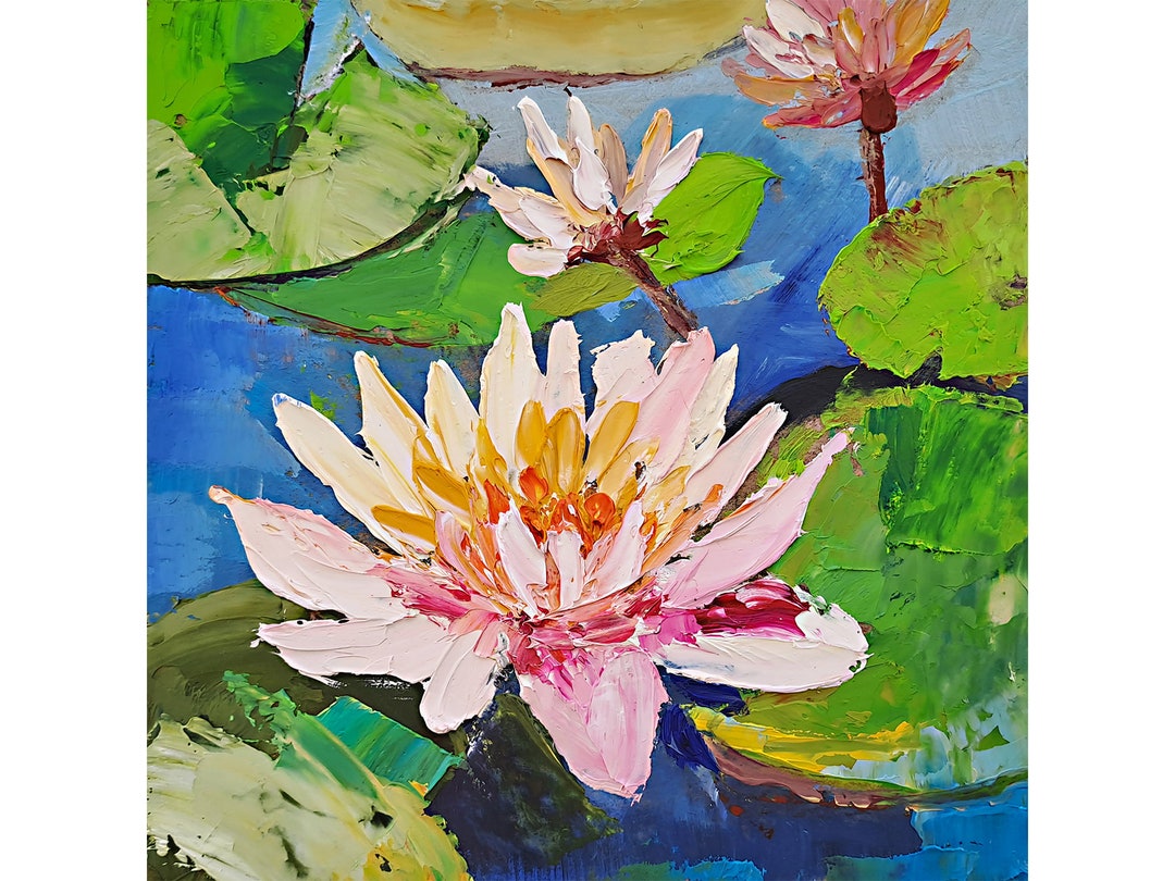 Lotus Painting Pond Original Art Water Lily Oil Painting Impasto Floral ...
