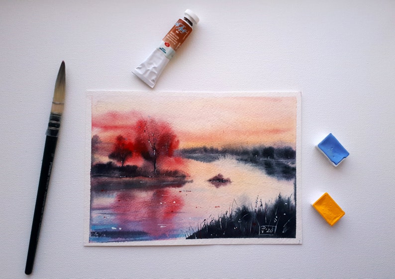 Vermont Painting Original Art West River Watercolor Fog Trees Wall Art Landscape Artwork 6x8 by PaintingGiftsArt