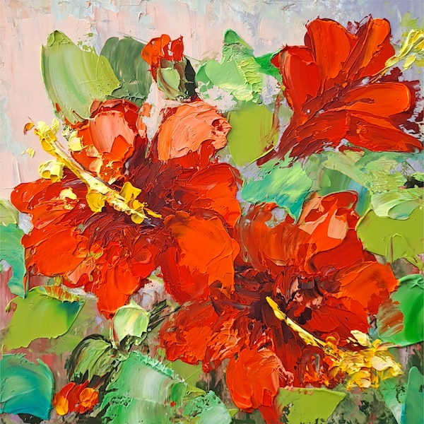 Hibiscus Painting Floral Original Art Impasto Oil Painting Flowers Wall Art