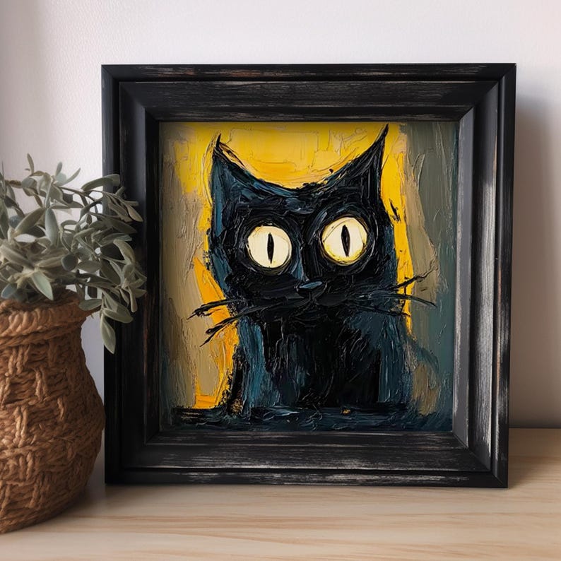 May include: A black cat with large, yellow eyes is painted in a stylized, impressionistic style. The cat is framed in a black wood frame.