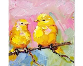 Yellow Canary Birds Painting On Canvas Small Birds Canvas Art Decor Rustic Wall Art Decor by PaintingGiftsArt