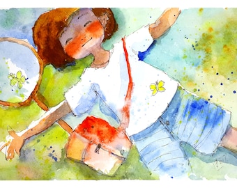 Boy Painting Original Art Watercolor Child Butterfly Catcher Art Summer Meadow Small Artwork 8 by 12"