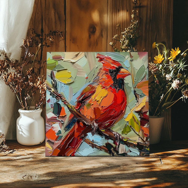 May include: A painting of a red cardinal perched on a branch with a green and blue background. The cardinal is painted in a thick, textured style with bright colors.