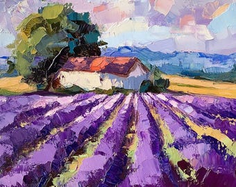 Lavender Painting Tuscany Original Art Lavender Field Oil Painting Countryside Landscape Impasto Art by PaintingGiftsArt