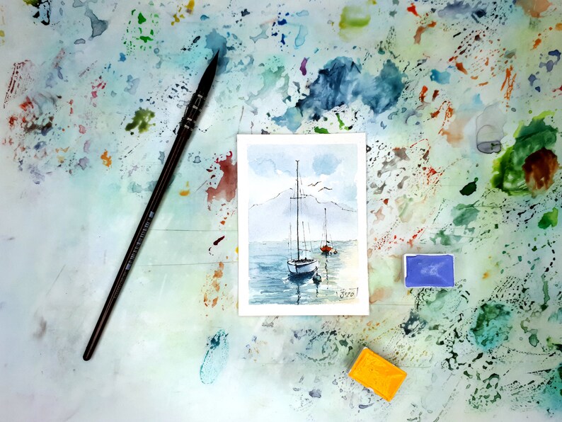 Sailboat Painting Nautical ACEO Original Art Seascape Watercolor Sunrise Artwork 2.5x3.5 by PaintingGiftsArt