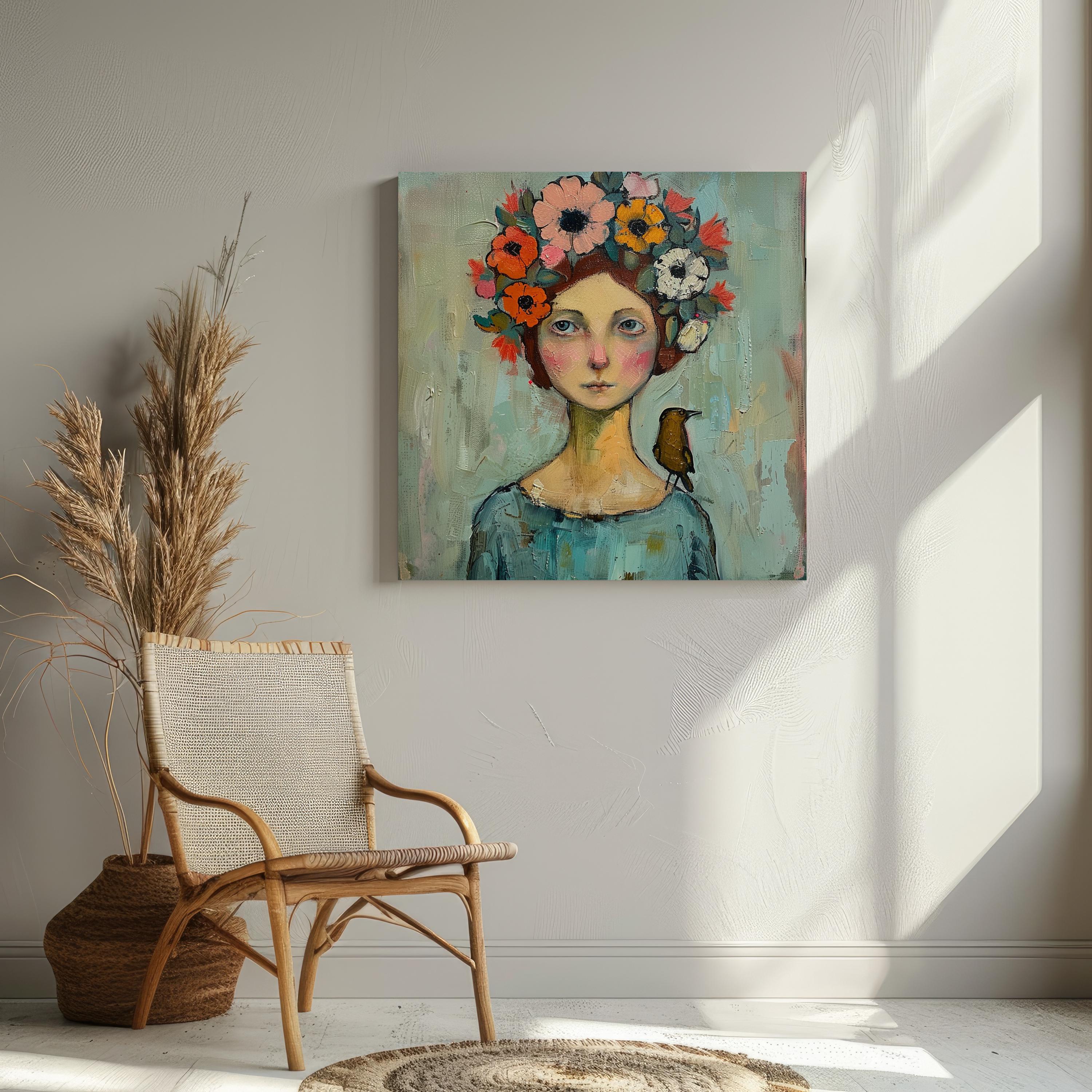 Woman Portrait Oil Painting Daisy Original Art Girl With Bird Artwork ...