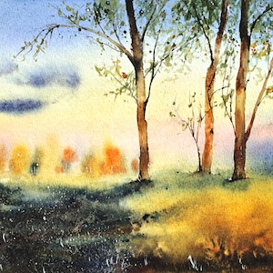 May include: Watercolor painting of a landscape with three trees in the foreground and a row of trees in the background. The sky is a soft blue with yellow and orange hues. The trees are painted in shades of brown and green.