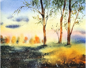 Vermont Painting Fall Trees Original Art Sunset Mountain Landscape Original Watercolor 8x10"
