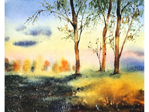 Vermont Painting Fall Trees Original Art Sunset Mountain Landscape Original Watercolor 8x10"