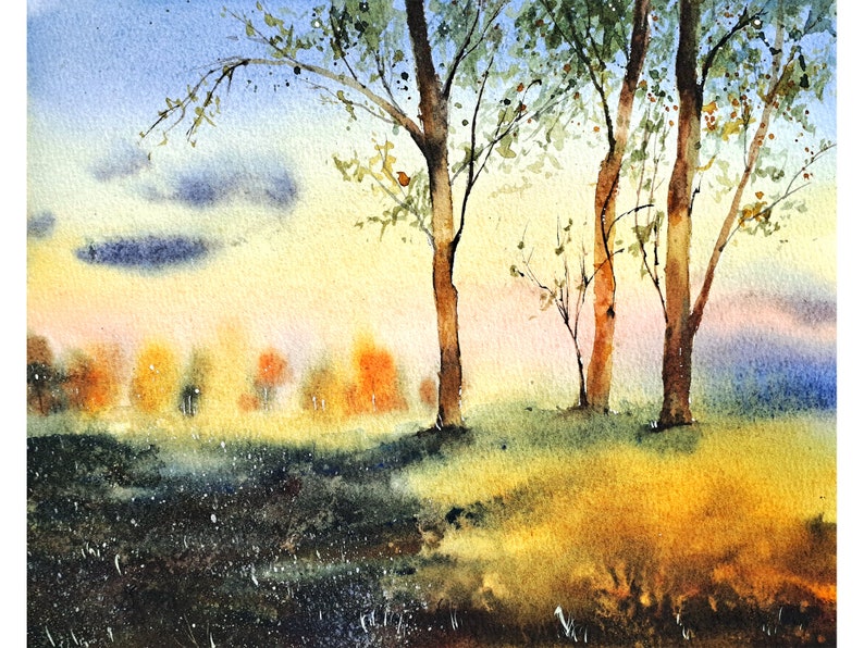 May include: Watercolor painting of a landscape with three trees in the foreground and a row of trees in the background. The sky is a soft blue with yellow and orange hues. The trees are painted in shades of brown and green.