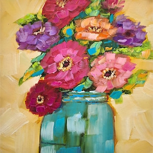 Zinnia Painting Daisy Original Art Floral Oil Painting Flowers Wall Art Still Life Artwork 6x6 inches