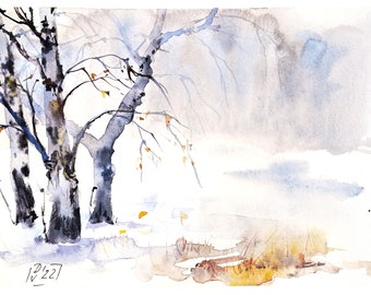 Aspen Painting Birch Tree Original Art Watercolor Snow Trees Landscape Small Art 8"x 10"