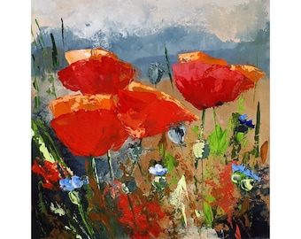 Poppy Painting Floral Original Art Flowers Oil Painting Meadow Impasto Small Painting 6&quot; by 6&quot;