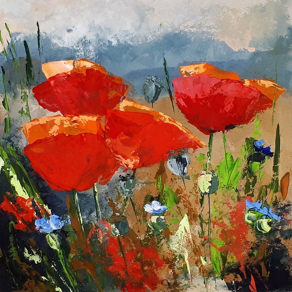 Poppy Painting Floral Original Art Flowers Oil Painting Meadow Impasto Small Painting 6" by 6"