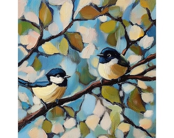 Chickadee Painting Birds On Branch Original Art Animal Oil Painting Small Artwork Impasto Painting
