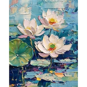 Lotus Painting Pond Original Art Water Lily Oil Painting Impasto Floral Wall Art Flower Artwork by PaintingGiftsArt