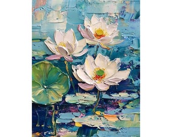 Lotus Painting Pond Original Art Water Lily Oil Painting Impasto Floral Wall Art Flower Artwork by PaintingGiftsArt