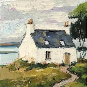 Scotland Painting Northumberland Coast Original Art Cottage Impasto Oil Painting Scottish Landscape Small Artwork 6x6 inches