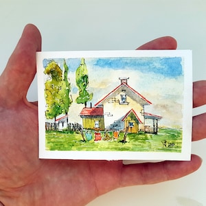 Red Roof Cottage ACEO Original Art Clothesline Watercolor Laundry Day Small Artwork
