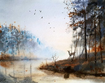 Deer Painting Vermont Original Art Fog Pine Trees River Landscape Original Watercolor 8x10"