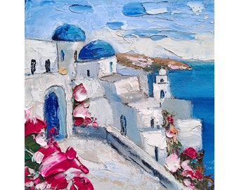 Santorini Painting Greek Island Original Art Greece Impasto Oil Painting Seascape Artwork 6x6 inches