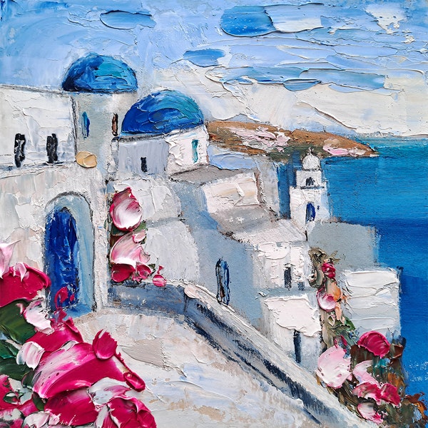 Santorini Painting Greek Island Original Art Greece Impasto Oil Painting Seascape Artwork 6x6 inches