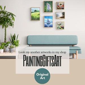 May include: A living room interior with a light blue sofa and six framed paintings on the wall. The paintings feature a variety of subjects, including a rabbit, a sailboat, and a forest scene. The text "PAINTINGGIFTSART" is displayed below the sofa, along with the words "Original Art" in a teal circle.