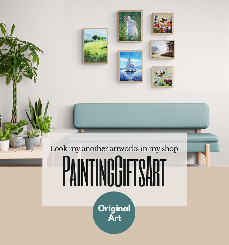 May include: A living room interior with a light blue sofa and six framed paintings on the wall. The paintings feature a variety of subjects, including a rabbit, a sailboat, and a forest scene. The text "PAINTINGGIFTSART" is displayed below the sofa, along with the words "Original Art" in a teal circle.