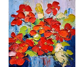 Geranium Oil Painting Impasto Original Art 6 by 6 Floral Small Painting Geraniums Flowers Artwork