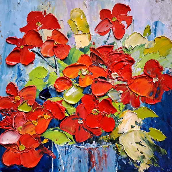 Geranium Oil Painting Impasto Original Art 6 by 6 Floral Small Painting Geraniums Flowers Artwork