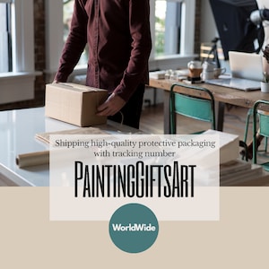 May include: A person is packing a brown cardboard box. The box is on a white table. The text "Shipping high-quality protective packaging with tracking number" and "PAINTINGGIFTSART" is visible on the table. The text "WorldWide" is in a teal circle.