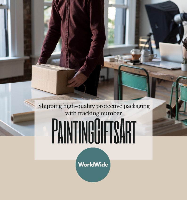 May include: A person is packing a brown cardboard box. The box is on a white table. The text "Shipping high-quality protective packaging with tracking number" and "PAINTINGGIFTSART" is visible on the table. The text "WorldWide" is in a teal circle.