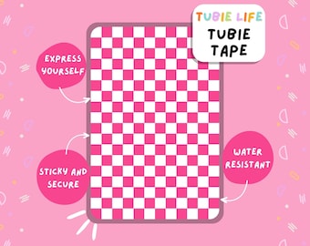 Ruban adhésif tubulaire rose Tubie Life à carreaux pour tubes d'alimentation et autres tubes, feuille complète
