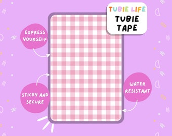 Ruban adhésif tubulaire Tubie Life à carreaux vichy rose pour tubes d'alimentation et autres tubes, feuille complète