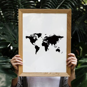 Minimalistische Welt Karte Wandkunst, Schwarz und Weiß Reise Poster, druckbare moderne Wohnheim Dekor, einfache Geographie Karte digitaler Download
