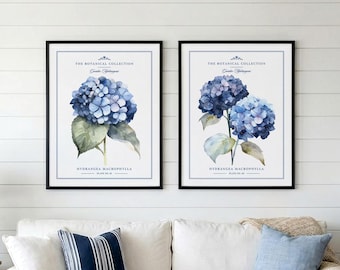 Navy Blue Hydrangea Prints, Watercolor Floral Wall Art, Grandmillennial Cottagecore Decor, Bedroom Living Room, Set of 2, Digital Download
