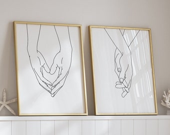 Zestaw wydruków graficznych „Holding Hands Line Art”: Minimalistyczna sztuka pary (do pobrania w wersji cyfrowej)