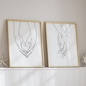 Set Of 2, Holding hands print, Hands line art, Line drawing print, Line art, Line poster, Couple hands print, Line sketch, Printable