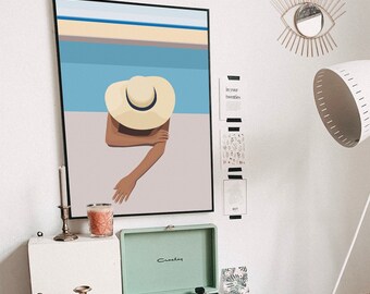 Girl in Pool Art Print: Minimalist Boho Summer Decor (Digital Download)